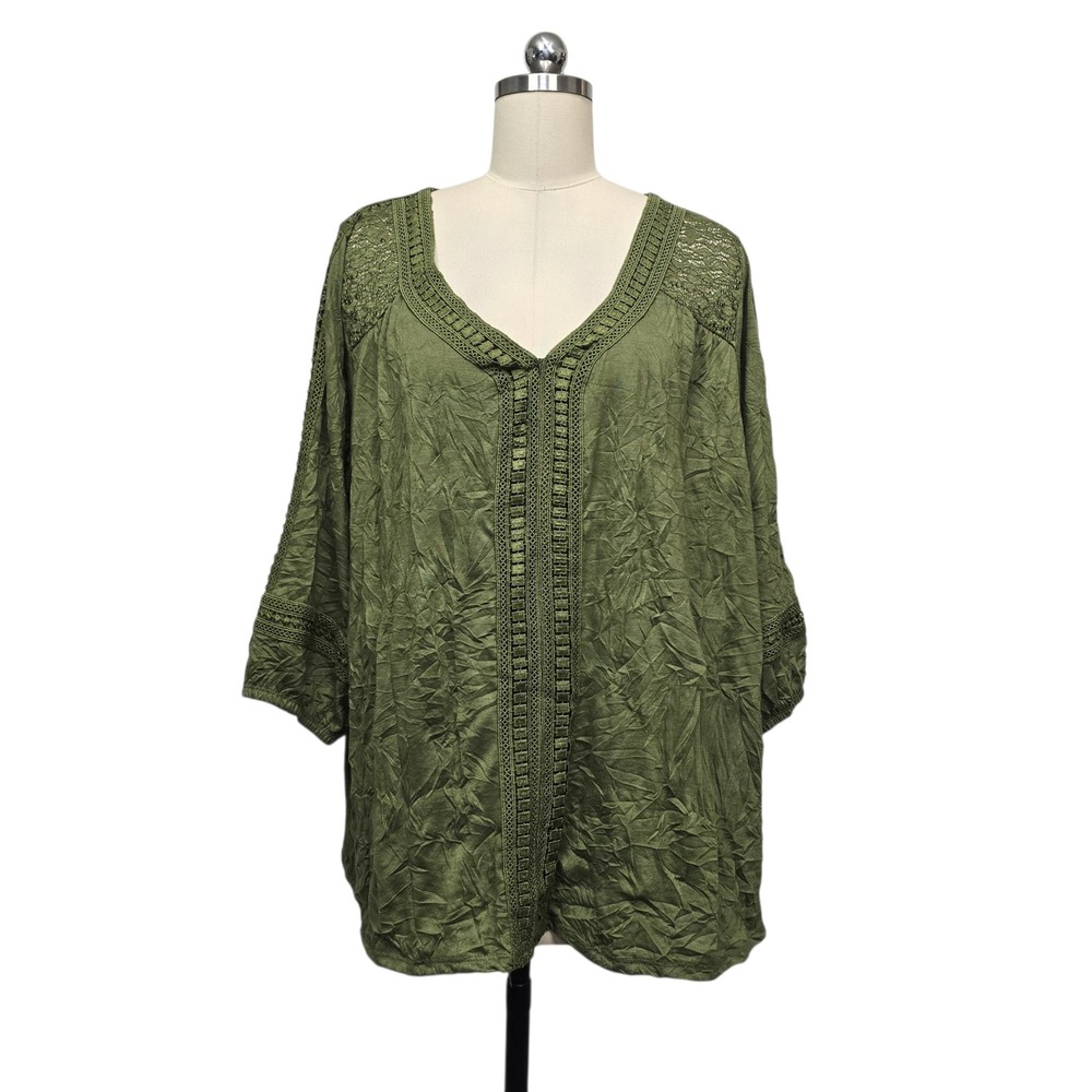 Tru Self Olive Green Crochet Lace Trim Crinkle Blouse Plus Size‎ 3X Boho V-Neck